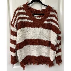 Miracle brand sweater S/M $69 retail NWT rust white stripe frayed hem cotton